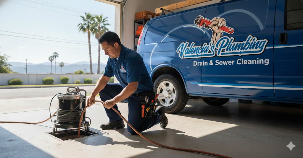 Professional plumber using a motorized drain snake to clean a sewer line in a Los Angeles garage.