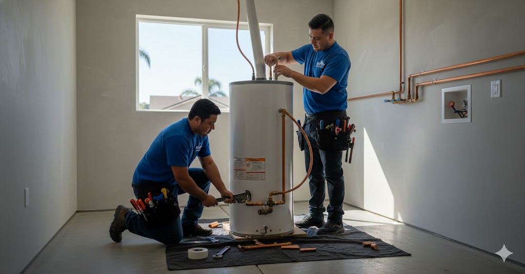 Two professional plumbers from Valencia Plumbing installing a new energy-efficient water heater in a clean Los Angeles home utility room.
