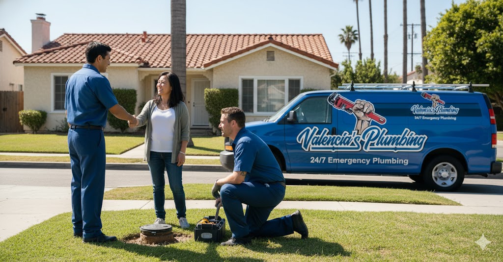 Two Valencia Plumbing professionals shaking hands with a happy customer in front of a Los Angeles home after an emergency repair.